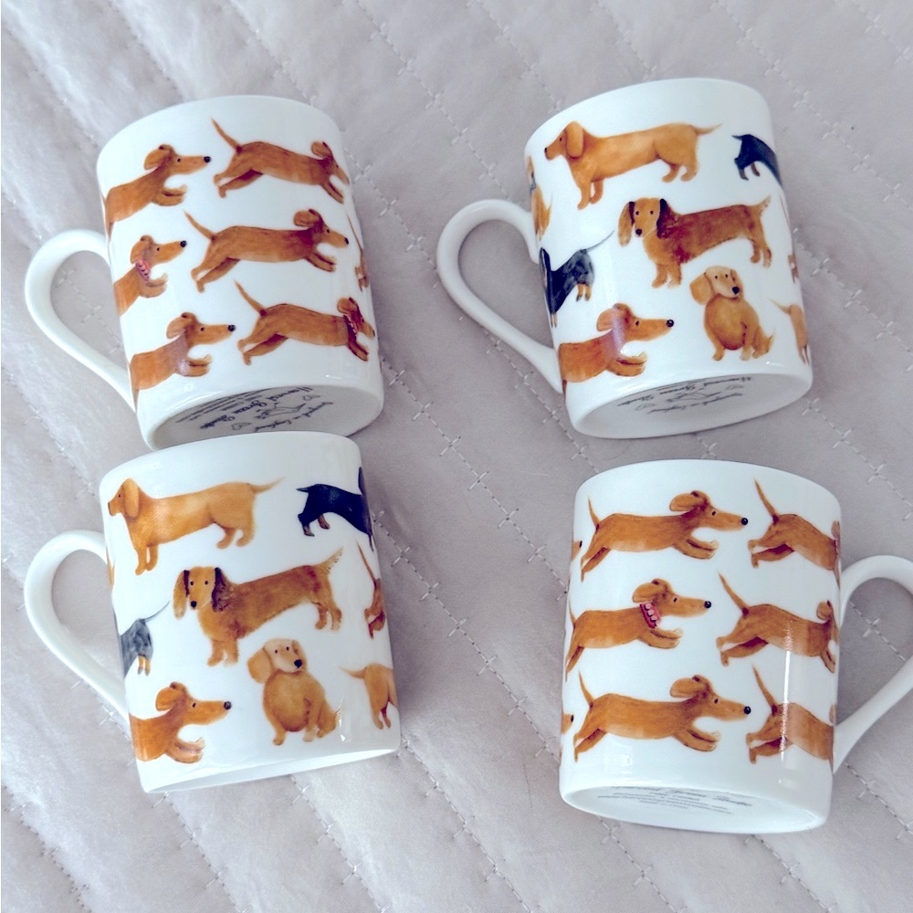 4 Set Harvest Green Studio Espresso Cups Dachshunds Puppies England Mugs Doxie